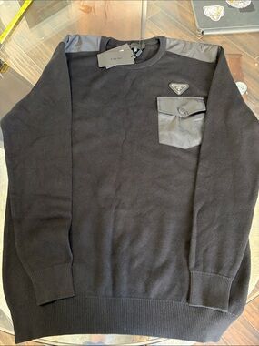Prada Black Crewneck Sweater with Nylon Pocket and shoulders XXXL